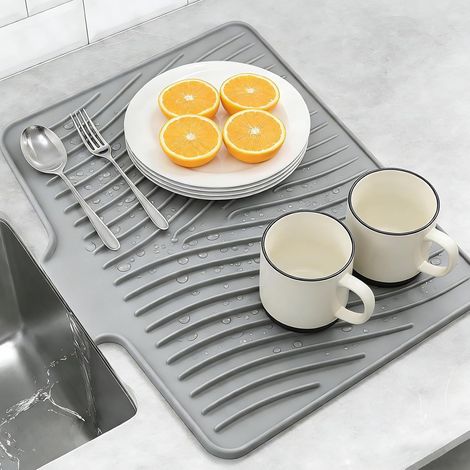 1 Tapis Egouttoir Vaisselle, Silicone Pliable, Résistant Chaleur 233°C, Antidérapant, Gris, Cuisine