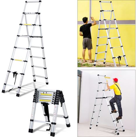 SWANEW Scala telescopica in alluminio Scala multiuso 2.0M+2.3M Scala a scorrimento Scala pieghevole Stabile Con barra di pesata Scala in alluminio fino a 150kg Argento (1/5)