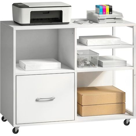 Meuble pour imprimante blanc à roulettes avec étagères et tiroir pour documents A4, bureau organisé fonctionnel