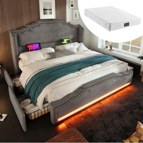DESVIAE Lit double capitonné avec matelas 160 x 200 cm 4 tiroirs rangement LED USB Type C velours gris sommier à lattes (1/5)