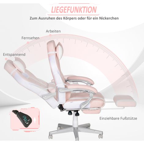 Fauteuil gamer rose avec repose-pieds, coussins tête et lombaire, pivotant et réglable en hauteur (1/4)