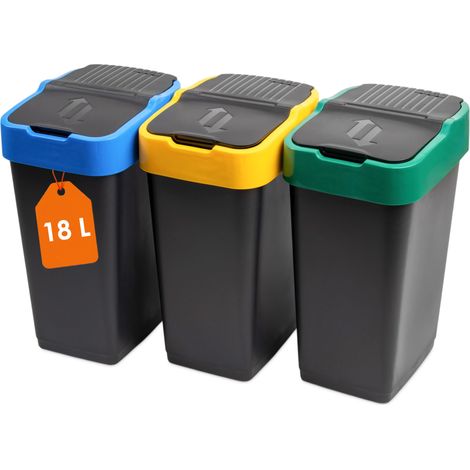 Spetebo – Poubelle tri sélectif lot de 3 – 18 litres – couvercle pivotant – dimensions 43x29x23 cm – plastique noir avec couvercles vert, jaune, bleu