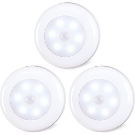 Lot de 3 lampes à détecteur de mouvement pour l’intérieur, à coller, fonctionnement à piles, lumière LED sans fil pour armoire, escaliers, placard, cuisine, blanc froid