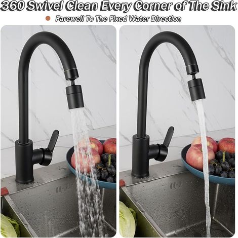 Wasserhahn-Luftsprudler, 360° schwenkbarer Küchenarmatur-Luftsprudler, 2 Modi, wassersparender Wasserhahn-Luftsprudler, für Küchenspülen und Badezimmerwaschbecken (Schwarz) (1/4)