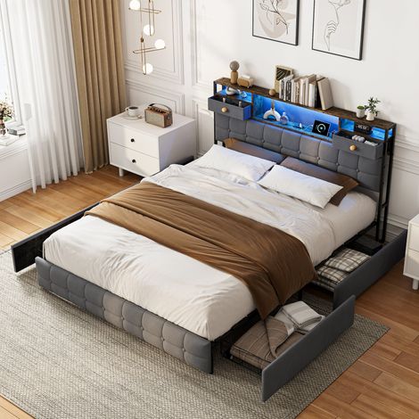 Lit double 160 x 200,lit adulte 160x200 cm avec 4 tiroirs,port USB et LED,tête de lit avec 2 tiroirs,cadre de lit,gris,tissu velours (1/5)