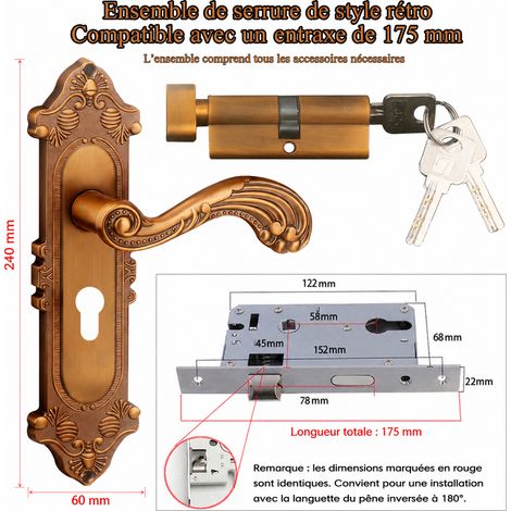 Serrure à poignée encastrée complète 175 mm, entrée 58 mm, bronze antique 175 5845 réf 8143 300 g – Livraison gratuite