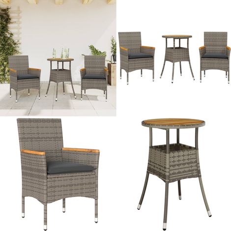 3-tlg. Garten-Essgruppe mit Kissen Grau Poly Rattan Akazie - Gartentisch - Gartenstuhl - Gartenmöbel Set - Outdoor Möbel - Terrassenmöbel - Home & Living (1/5)