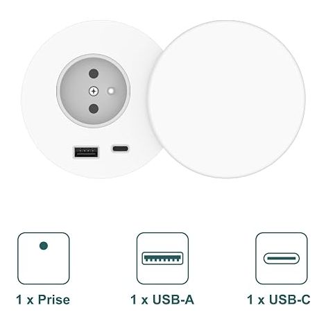 Bloc Prise Encastrable Multiprise Encastrable 1 Prise 1 Port USB C 1 Port USB A 80 mm de Diamètre 1,5M de Câble Prise Bureau Blanc (1/4)