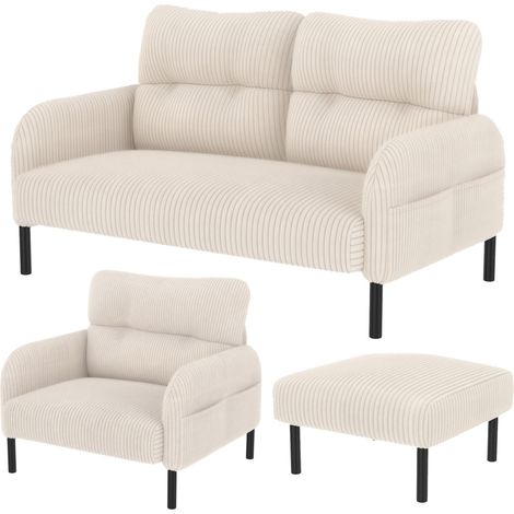 Set composto da divano da 2 posti, poltrona e pouf in velluto a coste (panno) beige con tasca laterale (1/5)