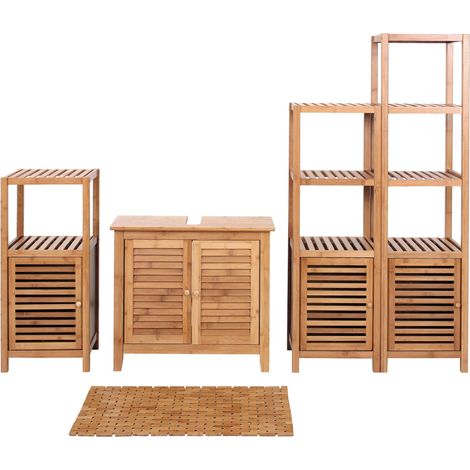 Conjunto de muebles de baño con almacenaje y alfombra antideslizante en bambú natural 040011306