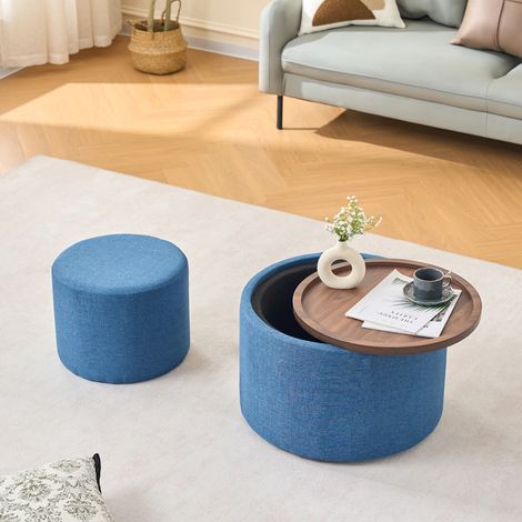 Set di 2 pouf impilabili Ø58 cm con contenitore, vassoio in legno rimovibile, rivestimento in lino blu per soggiorno