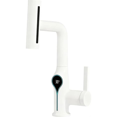 Robinet de lavabo multifonctionnel à effet cascade (blanc), mitigeur 4 jets avec douchette extractible, robinet de salle de bain et de cuisine avec affichage LED intelligent. (1/5)
