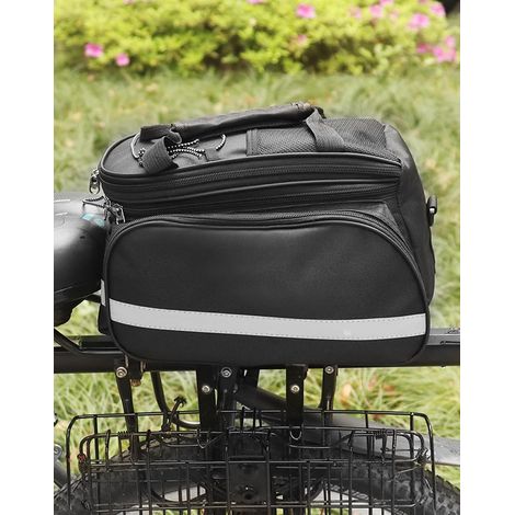 Borsa per bicicletta, 27 litri, nera, con attacco per portabici, tessuto 600D, strisce riflettenti, cinghie regolabili, capacità 27 litri, 2 scomparti, tasca con cerniera. (1/5)