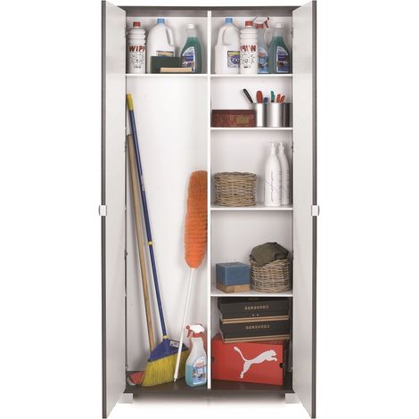 Schmaler Mehrzweckschrank mit zwei Spiegeltüren und acht Einlegeböden in Ash White 83x29x H190 cm
