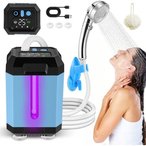 Douche de camping portable à batterie avec pompe, batterie rechargeable 6000 mAh, filtre multi‑étapes évolutif, pommeau de douche + tuyau 2 m, affichage température et puissance, pour camping, voyage (1/5)