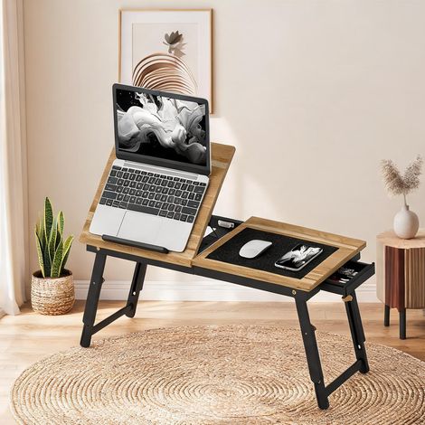Tablette de lit en bambou réglable et pliable avec tiroir eiche (1/5)