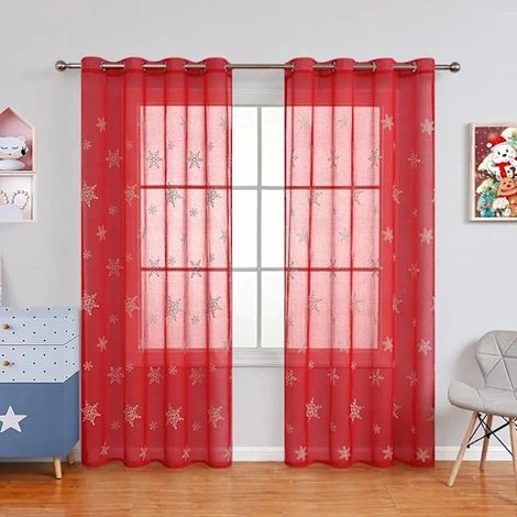 Set di tende natalizie con motivo a fiocchi di neve (due pezzi), tessuto trasparente, con occhielli, adatte per la decorazione di soggiorno e camera da letto, 100x250 cm, AT (1/5)