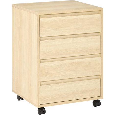Caisson naturel 4 tiroirs à roulettes pour bureau, 46x40x65 cm, meuble rangement pratique et design épuré