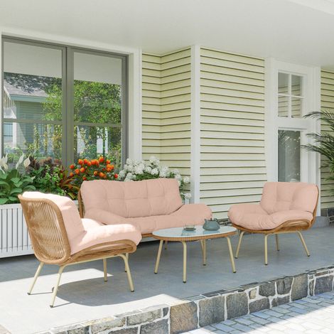4-teiliges Gartenmöbelset aus Kunstharz mit 12 cm dicken Polstern, bestehend aus einem 138 cm langen Sofa, zwei Sesseln und einem Couchtisch, Beige