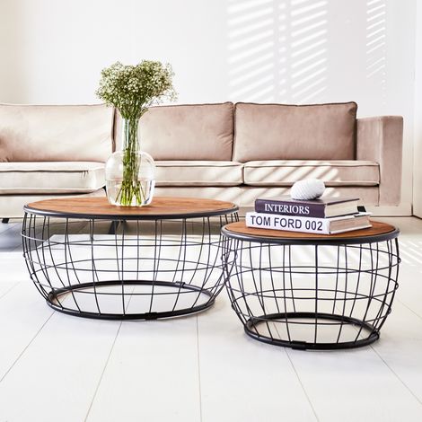 Runder industrieller Couchtisch, 2er-Set, massiv Mangoholz (1/5)