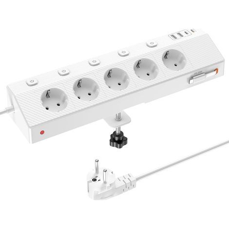Power Strip with 5 AC Outlets, 5 USB Ports (including Type-C PD 30W), Individual Switches, Surge Protection, 2M Cable for Office and Home (1/5)