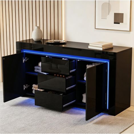 Aparador con LED (140x40x65 cm), 2 puertas, 3 cajones, estantes regulables, frontal brillo, MDF negro (1/5)