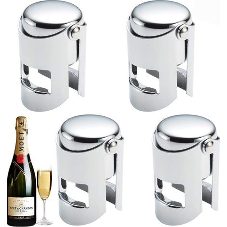 Bouchon Bouteille de Champagne, 4 Pièces Champagne Bouchon à vin pétillant en Acier Inoxydable Scellé, Champagne Stopper Argent (1/5)