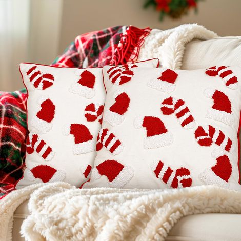Lot de 2 taies d'oreiller de Noël à boutons, motif bonnet de Père Noël rouge et blanc, forme canne de Noël, housses de coussin douces pour les fêtes d'hiver, idéales pour les canapés-lits et accessoir (1/3)