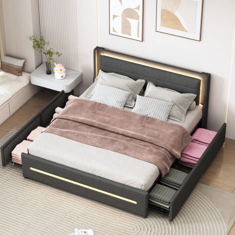 Lit adulte 160x200 cm, cadre de lit avec éclairage LED, 4 tiroirs, tissu lin, sans matelas, gris