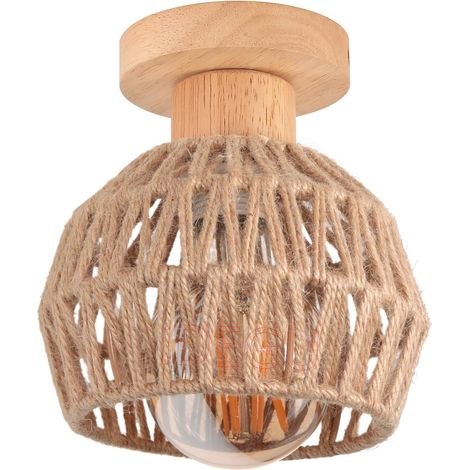 1 Plafonnier E27 Bois Chanvre 16cm Abat-jour Rétro Luminaire Décoration Chambre Couloir