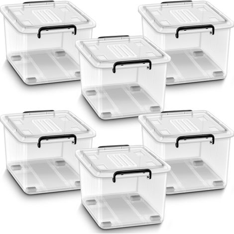 tillvex Boîtes de rangement avec couvercle, lot de 6 - 42 L, qualité alimentaire  Boîtes en plastique empilables  Grande boîte de rangement  Boîte de rangement transparente pour vêtements, 100 % neuf