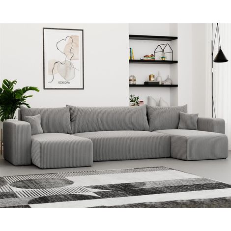 Wohnlandschaft mit Schlaffunktion Schlafsofa LUNA in Stoff Poso Hellgrau