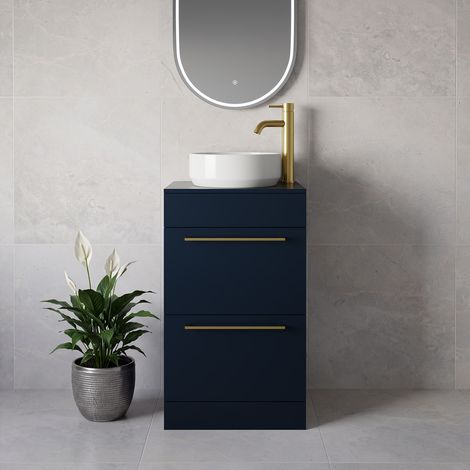 Napoli 390 Deep Blue 500mm 2 Drawer Vanity Unit for Countertop Basins - 500mm - Brushed Brass 320mm Handle