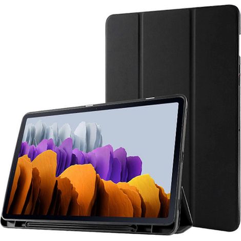 Coque arrière fine en cuir avec support pliable et en TPU, compatible avec les modèles S7, S7 FE et S7 Plus, et dotée d'une fonction veille/réveil automatique (noir). (1/5)