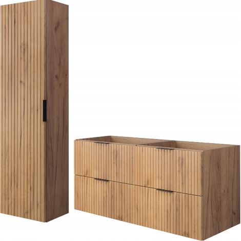 Rodan Badmöbel Set Braun Matt und Eiche Craft, Waschbeckenunterschrank 46 x 120 x 57 cm und Hochschrank 35 x 136 x 27 cm, Soft-Close