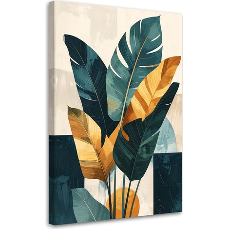 Quadro su tela, Foglie esotiche nelle tonalità del verde dell'oro e del beige. - 40x60 (1/2)