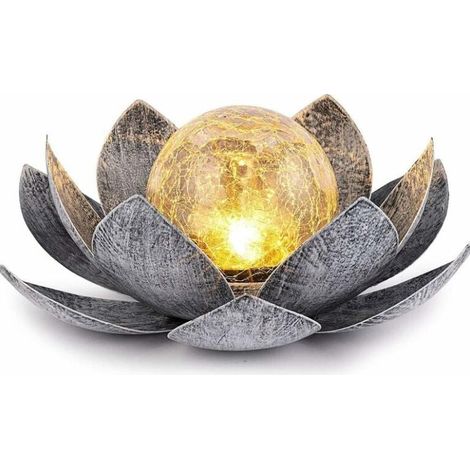 Lampes solaires de jardin extérieur, décoration de lotus en verre craquelé Globe, lumières de fleur en métal LED étanches pour terrasse, pelouse, allée, table, sol (1/5)