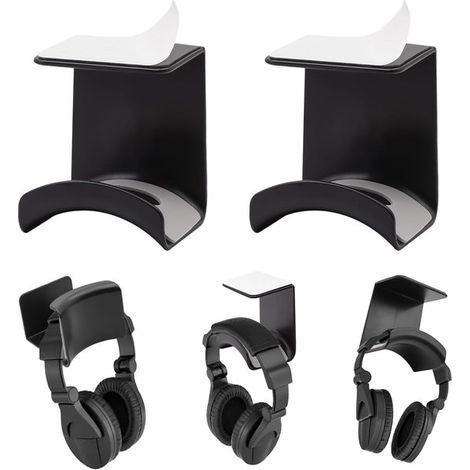 Supports pour casque audio - Lot de 2 - 6,3 x 5,3 cm - Noir - Bureau rangé - Fixation autocollante (1/5)
