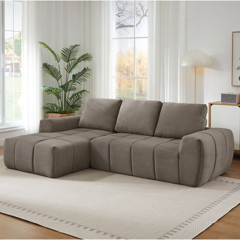 Sofá esquinero en L taupe de pana acanalada con cojines extraíbles y diseño acolchado sin montaje (1/5)