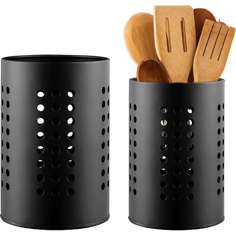 Porte-ustensiles de cuisine, 2 supports à couverts acier inoxydable, rangement casseroles, noir.
