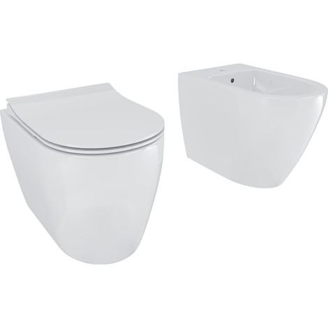 Coppia Sanitari Filomuro Filo Muro Filo Parete Vaso WC E Bidet Design Moderno In Ceramica Con Copriwater Chiusura Soft Close Chiusura Rallentata Colore Bianco Lucido (1/5)