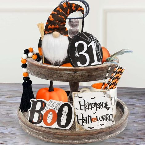 Décorations d'Halloween - Panneaux en bois Boo Happy Halloween - Guirlande de peluches et de perles de gnomes mignons - Articles de décoration de plateau rustique à plusieurs niveaux de ferme pour la (1/5)