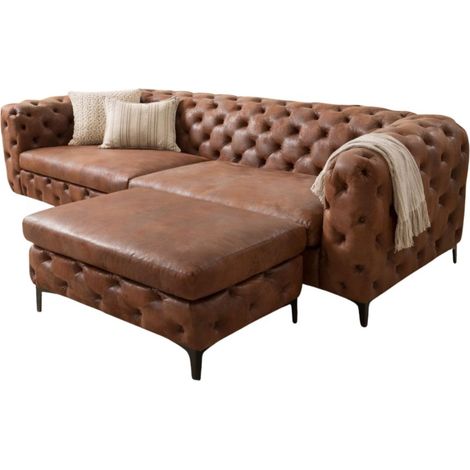 Divano destro VELENA marrone con pouf – Divano barocco in microfibra con struttura in legno massiccio