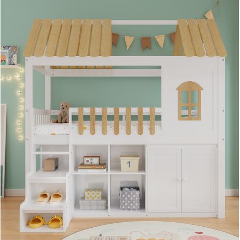 Litera 90/200 cm en blanco+natural con armario, escalera con almacenaje y diseño casita (1/5)