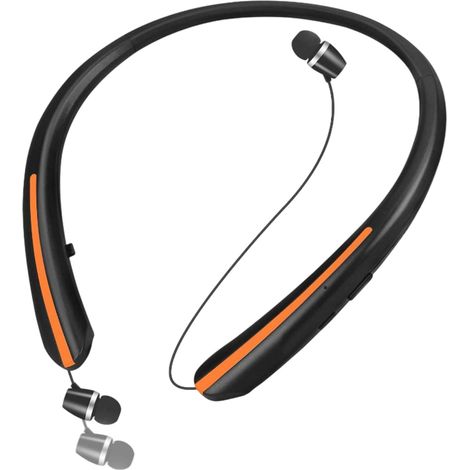 Écouteurs Bluetooth noirs et violets, tour de cou sans fil pliable avec oreillettes rétractables, écouteurs stéréo anti-transpiration et réduction de bruit avec micro, idéaux pour le sport.