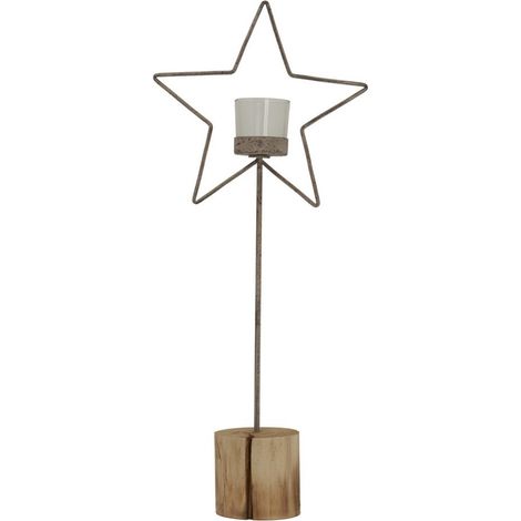 Natural Rustic Star on Wood Stand with Glass Votive - L8 x W20 x H48 cm - Brown