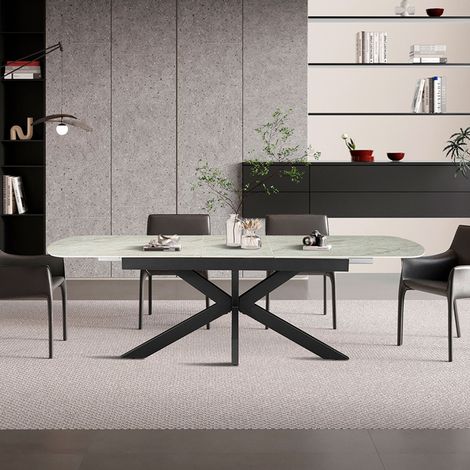Table repas extensible 180-220cm en pierre effet marbre beige et métal (1/5)