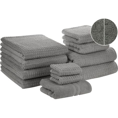 Juego de 11 toallas de baño y alfombrilla de baño de algodón gris de low twist para invitados Atai