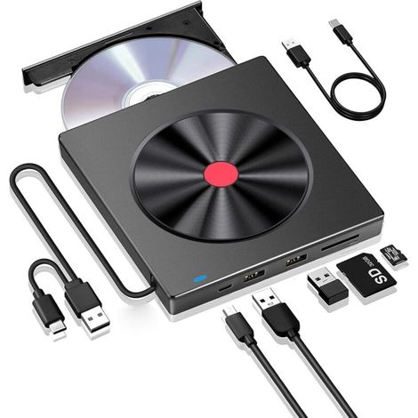 Graveur CD/DVD externe, lecteur CD/DVD externe USB 3.0 et Type-C, lecteur de carte SD TF, lecteur de disquette externe pour PC/ordinateur portable/de bureau/Windows 11/10/8