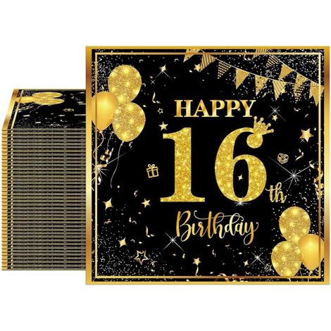 40 Pack de serviettes d'anniversaire, 16e anniversaire serviettes (noir or), Serviettes décoratives 16e anniversaire pour les garçons, les filles